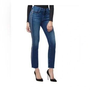 Good American Good Straight Athletic Stripe Straight Leg Jeans Raw Hem Size 0